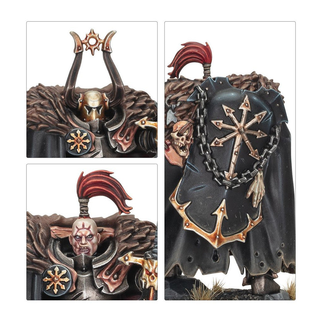 Detailed miniature figure collage of a Chaos warrior, showing optional horned helmet, scarred head and an iconographic cape