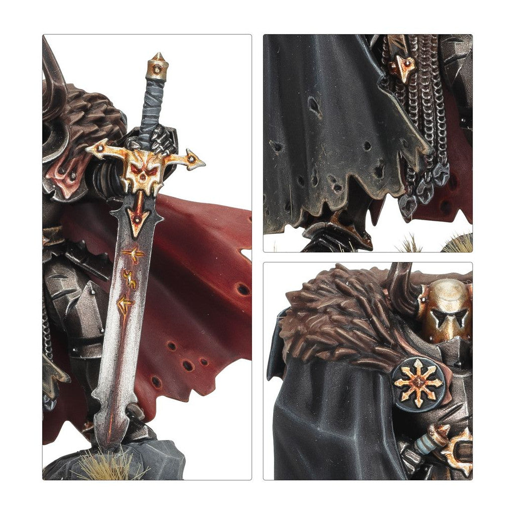 Detailed views of a dark fantasy miniature: armored warrior with skull sword and fur cloak
