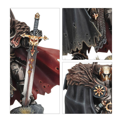 Detailed views of a dark fantasy miniature: armored warrior with skull sword and fur cloak