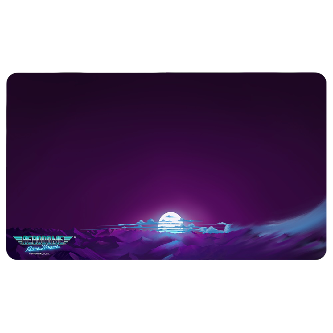 Retro synthwave desk mat with purple mountains, a bright glowing sun, and "AERODROME" logo