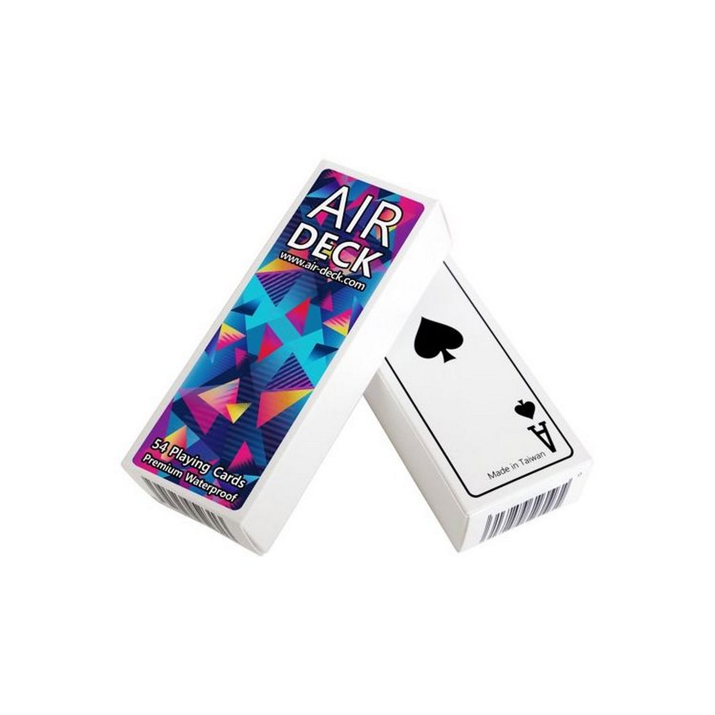 Two Air Deck waterproof playing card boxes - one features a colorful geometric pattern -  the other displays an Ace of Spades