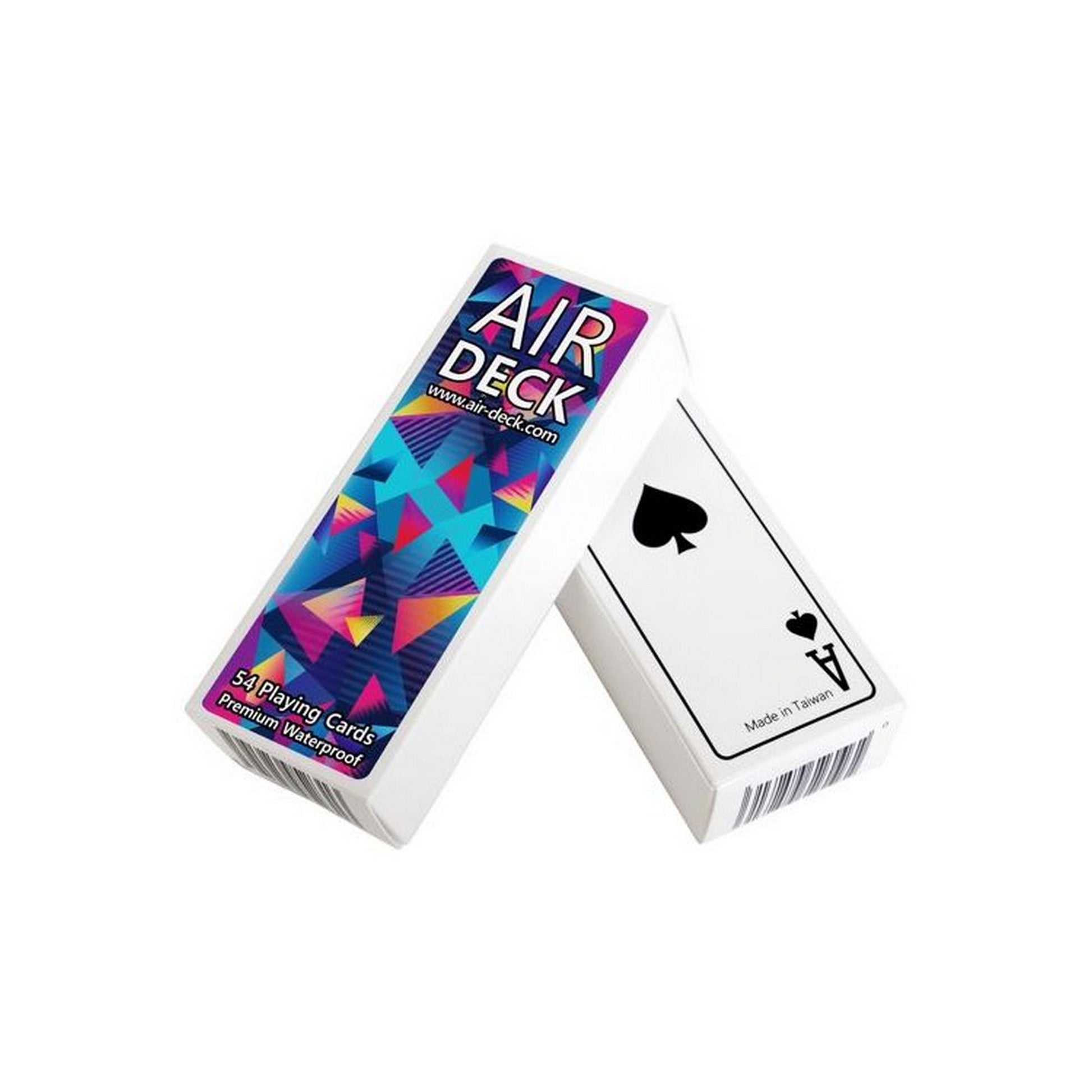 Two Air Deck waterproof playing card boxes - one features a colorful geometric pattern -  the other displays an Ace of Spades