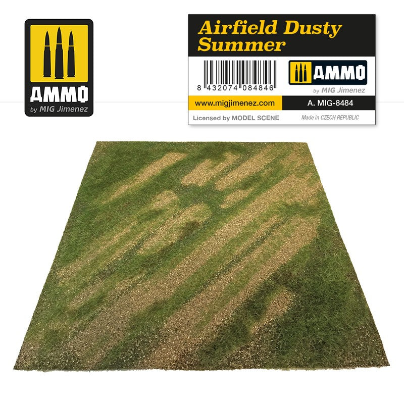 AMMO by MIG Jimenez 'Airfield Dusty Summer' model scenery: green grass with diagonal dry, dusty brown patches.