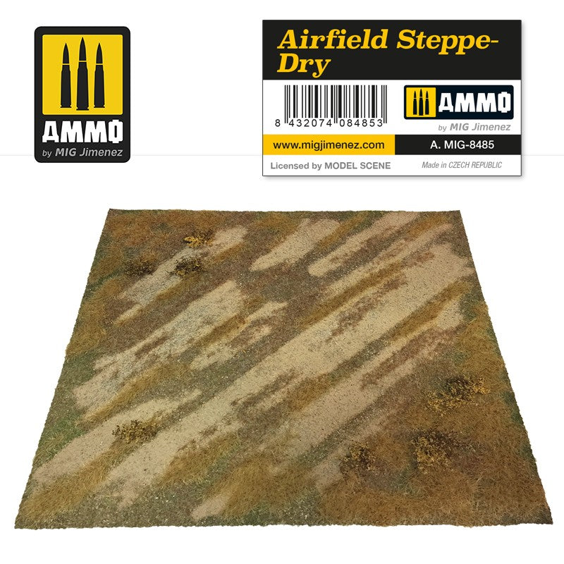 AMMO 'Airfield Steppe-Dry' diorama mat, showing textured dry grass and dirt. Product label above.