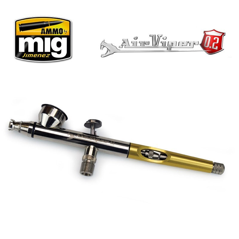 A gold and silver Air Viper 0.2 airbrush shown with AMMO by Mig branding