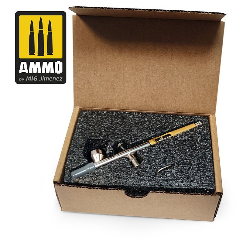 AMMO by MIG Jimenez airbrush kit in an open cardboard box
