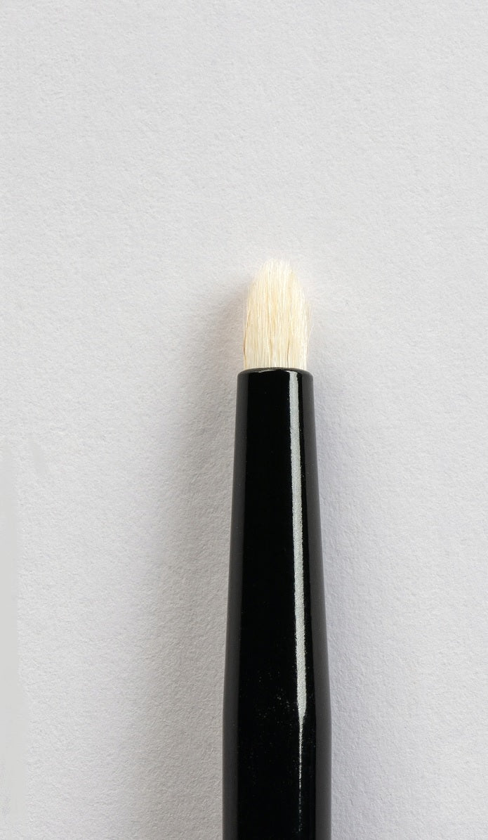 Macro shot of a makeup brush with light bristles and a glossy black handle against a white background