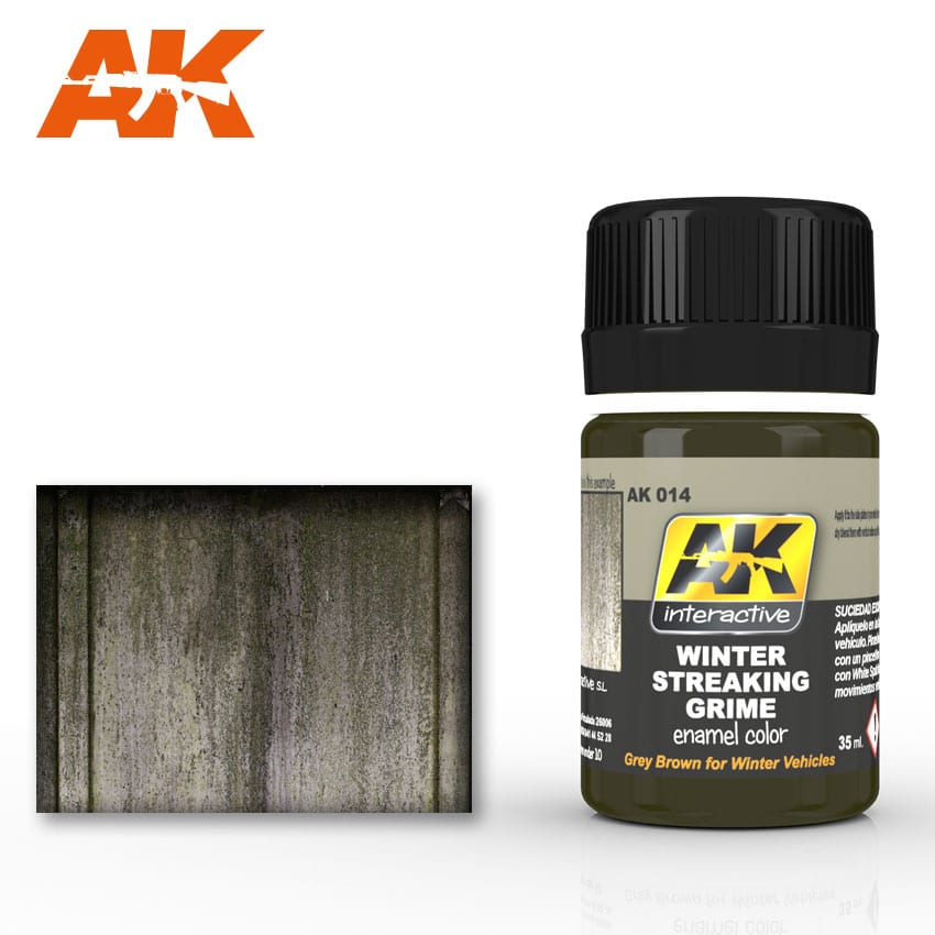 AK Interactive "Winter Streaking Grime" (Grey Brown) enamel paint bottle and an example of its grimy, streaked weathering effect