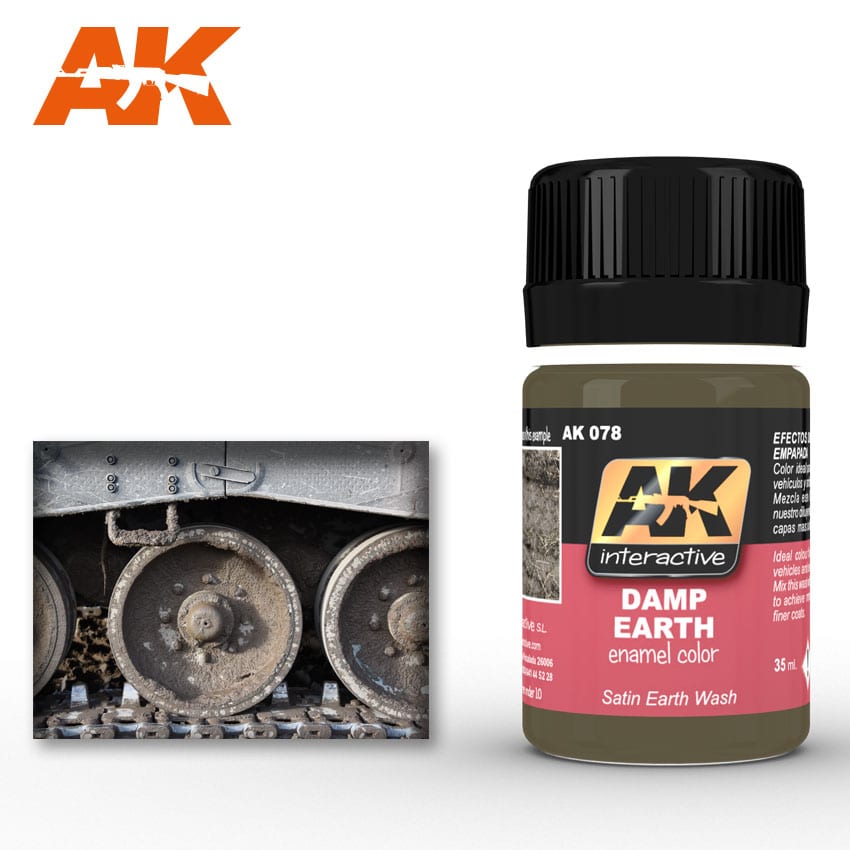 AK Interactive 'Damp Earth' enamel paint bottle next to a close-up of muddy tank tracks, demonstrating its use