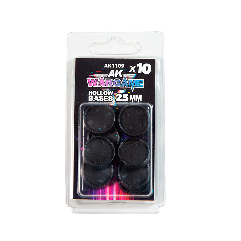 A clear plastic package containing ten black circular AK Wargame Hollow Bases 25mm
