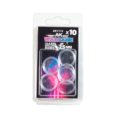 A blister pack containing ten 25mm clear hollow wargame bases by AK Wargame