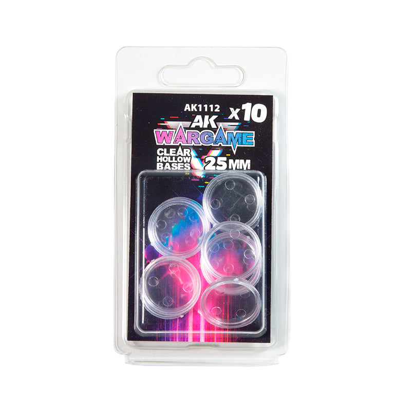 A blister pack containing ten 25mm clear hollow wargame bases by AK Wargame