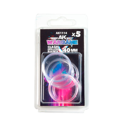 A clear blister pack holds five clear, hollow 40mm AK Interactive Wargame bases