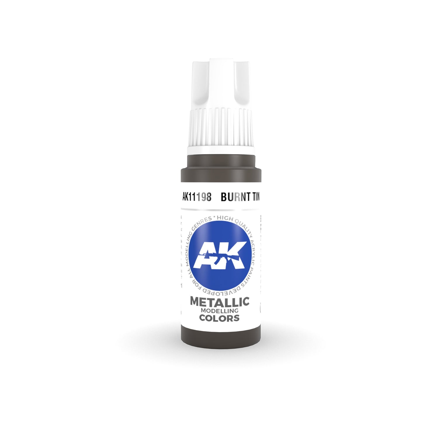 A small bottle of AK11198 Burnt Tin metallic modeling paint. Dark brown-grey with a white cap