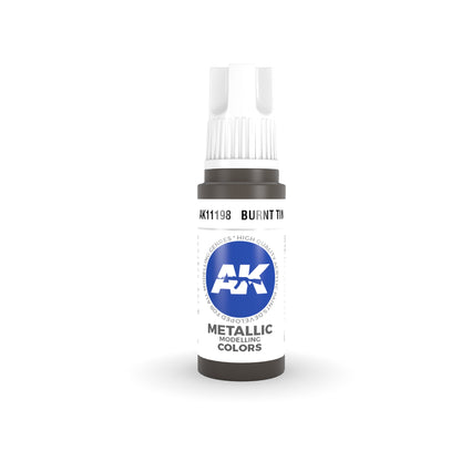 A small bottle of AK11198 Burnt Tin metallic modeling paint. Dark brown-grey with a white cap