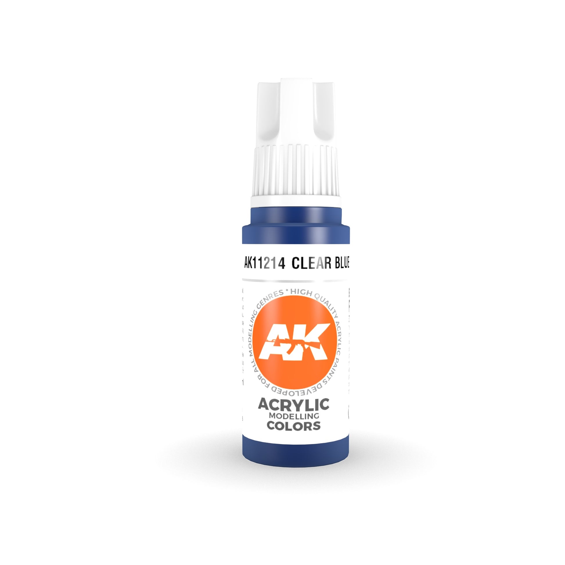 A small bottle of AK Interactive AK11214 Clear Blue acrylic modelling paint with a white dropper cap