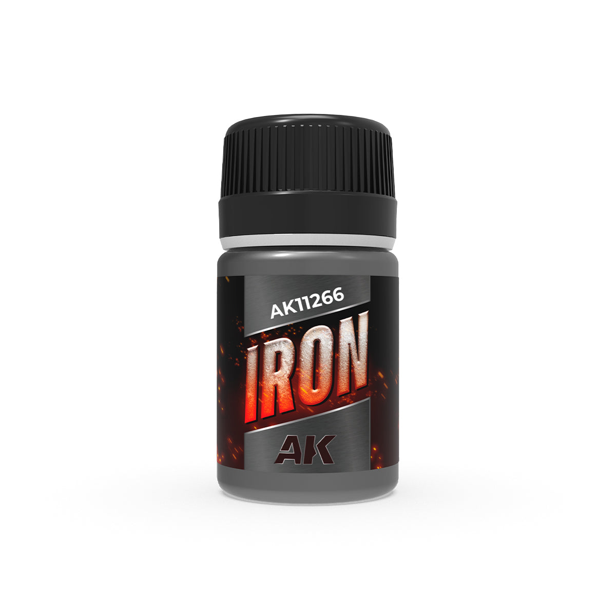Gray hobby paint bottle with a black cap, labeled "AK11266 IRON" in a fiery metallic style
