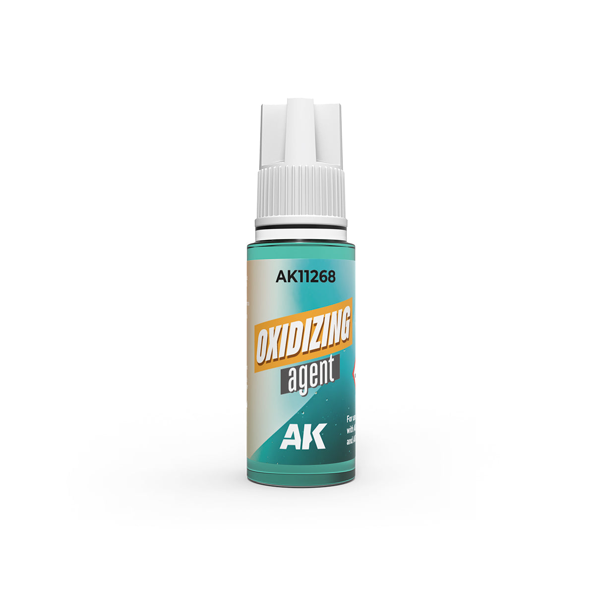 A small bottle of AK11268 Oxidizing Agent by AK with a white cap and teal label