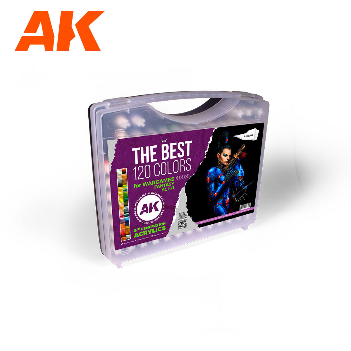 AK Interactive The Best 120 Colors set of 3rd Generation acrylic paints for wargames fantasy and sci-fi modeling presented in a clear plastic carry case with a colorful graphic design featuring an armed female figure and paint swatch chart