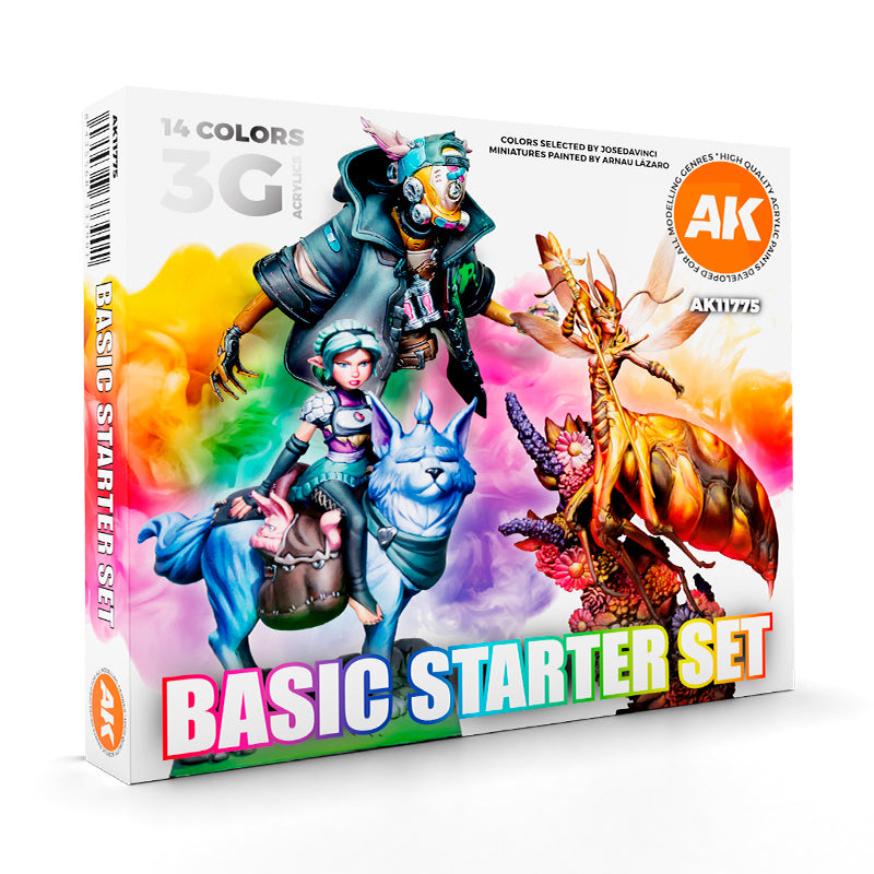 White box for AK Interactive&#39;s 14-color &quot;Basic Starter Set&quot; of acrylic paints, featuring vibrant fantasy and sci-fi miniatures