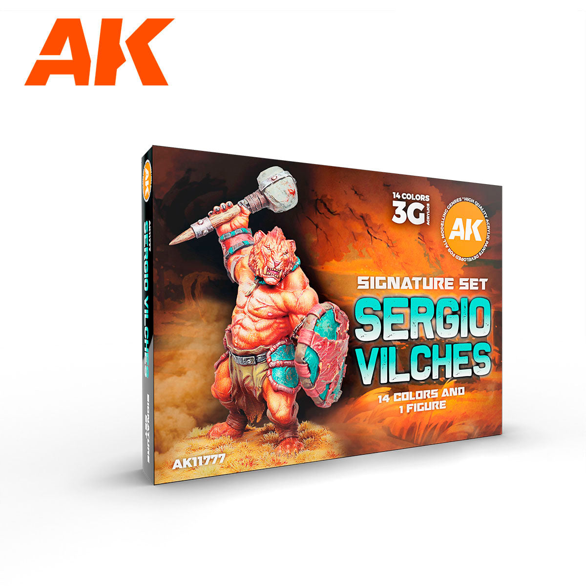 A product box for a signature set featuring a painted miniature of a muscular, orange-skinned, tiger-like creature holding a hammer and shield, with item number AK11777