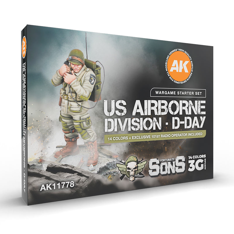 A box for a US Airborne Division D-Day wargame starter set showing a soldier with a radio and text US AIRBORNE DIVISION D-DAY