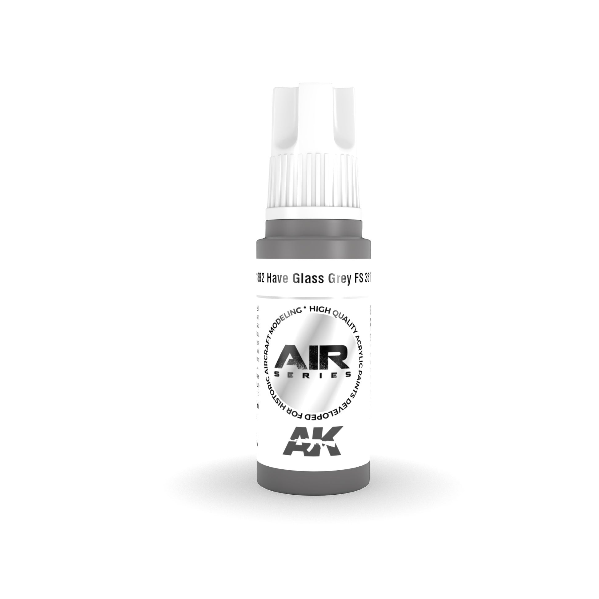 A grey bottle of AK Air Series Glass Grey FS 36170 acrylic model paint, "Have Glass Grey FS 36170"