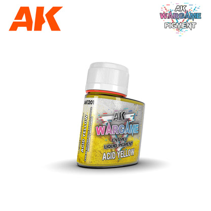 AK Interactive Wargame Acid Yellow enamel liquid pigment in a bottle with a white cap, on a white background