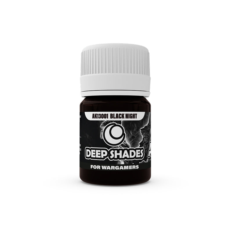 AK Interactive - Deep Shade  Black Night paint bottle for wargamers, dark with a white cap