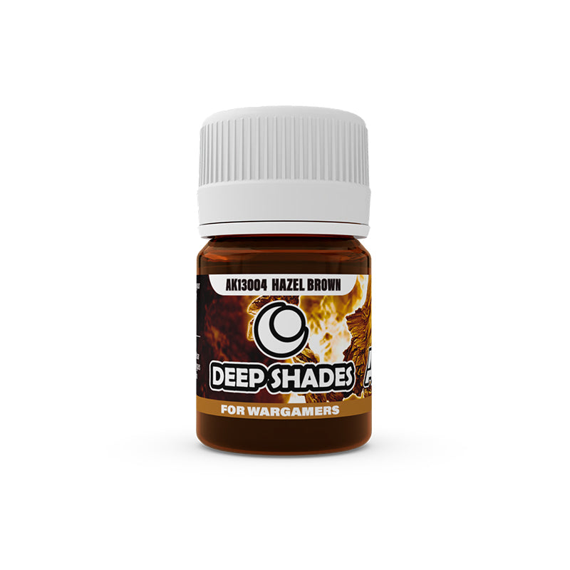 Dark brown bottle of AK Deep Shades Hazel Brown shade for wargamers, with a white cap