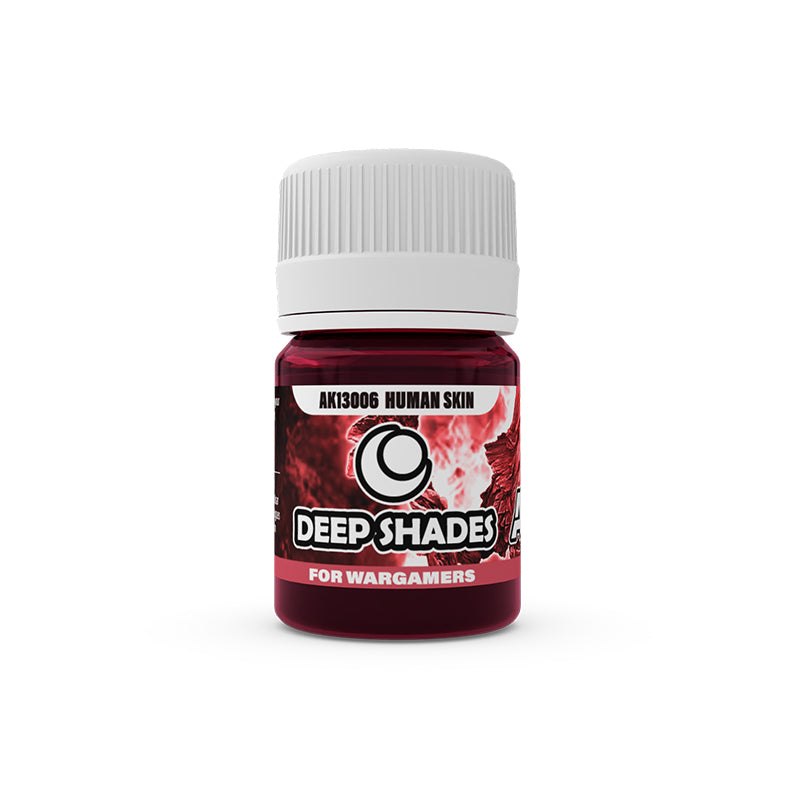 A dark red bottle of AK Interactive - Deep Shade  Human Skin paint for wargamers, with a white cap