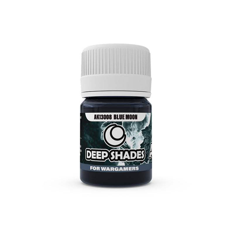 Dark blue bottle of "AK13008 Blue Moon Deep Shades for Wargamers" paint with a white cap