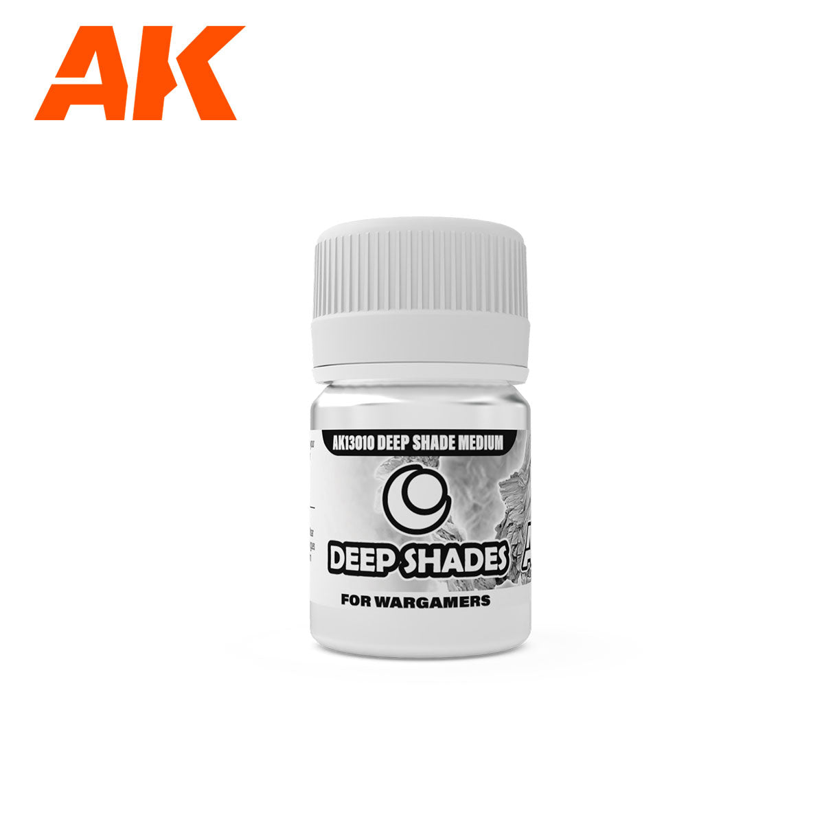A white AK Deep Shade Medium bottle for wargaming. Orange AK logo in upper left