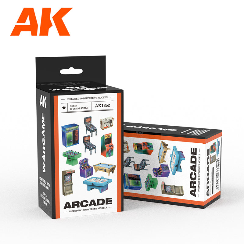 Two AK Wargame Arcade boxes display 10 resin miniature arcade machines like pinball and pool tables