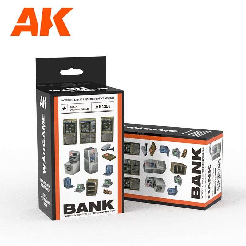 AK Wargame Bank resin miniature set box, showing control panels, ATMs, computers, and security cameras for 30-35mm scale
