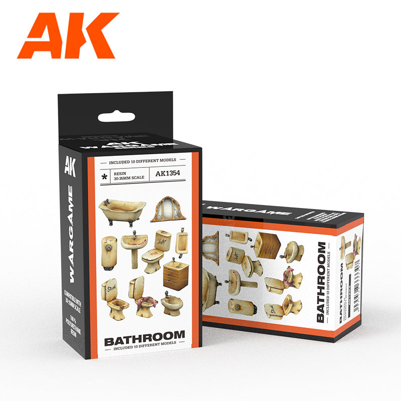 AK Wargame Bathroom scenery set with 10 miniature resin models. Boxes show distressed toilets, bathtubs, and sinks