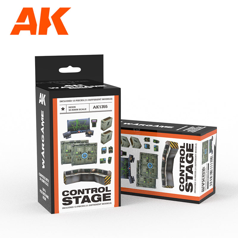 AK Interactive Control Stage wargame terrain boxes showing resin sci-fi control panels, screens & consoles