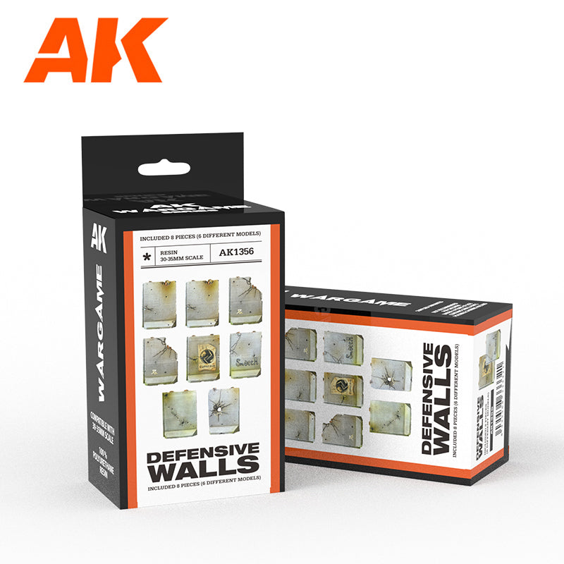 Two AK Wargame 'Defensive Walls' kits. Front box shows 8 damaged resin miniature wall pieces, 30-35mm scale