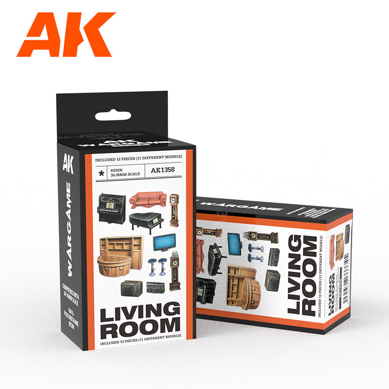 AK Wargame Living Room miniatures box displaying tiny resin furniture: sofa, piano, TV, and other models. AK1358