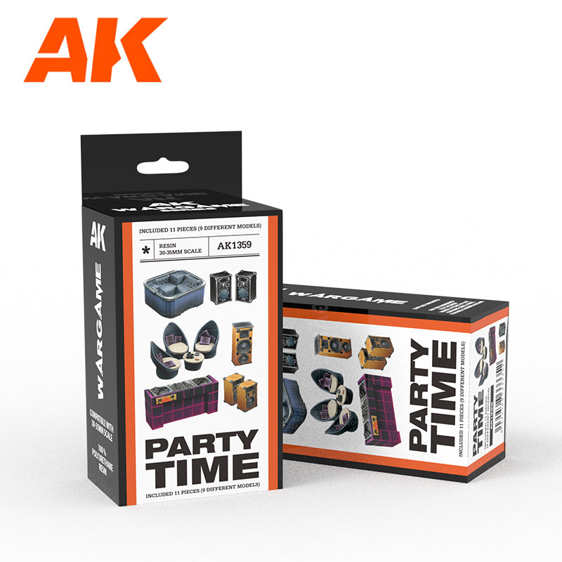 AK Interactive Wargame Party Time resin scenery set AK1359 black and orange box featuring 30-35mm scale hot tub, speakers, chairs, and DJ booth