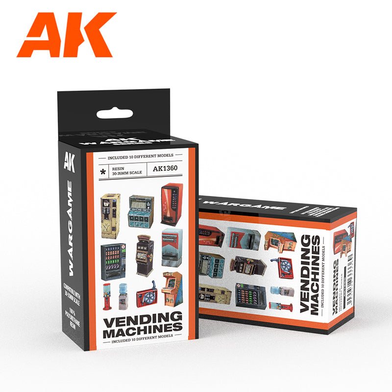 AK Vending Machines model kit box, displaying 10 miniature resin vending machines for wargaming