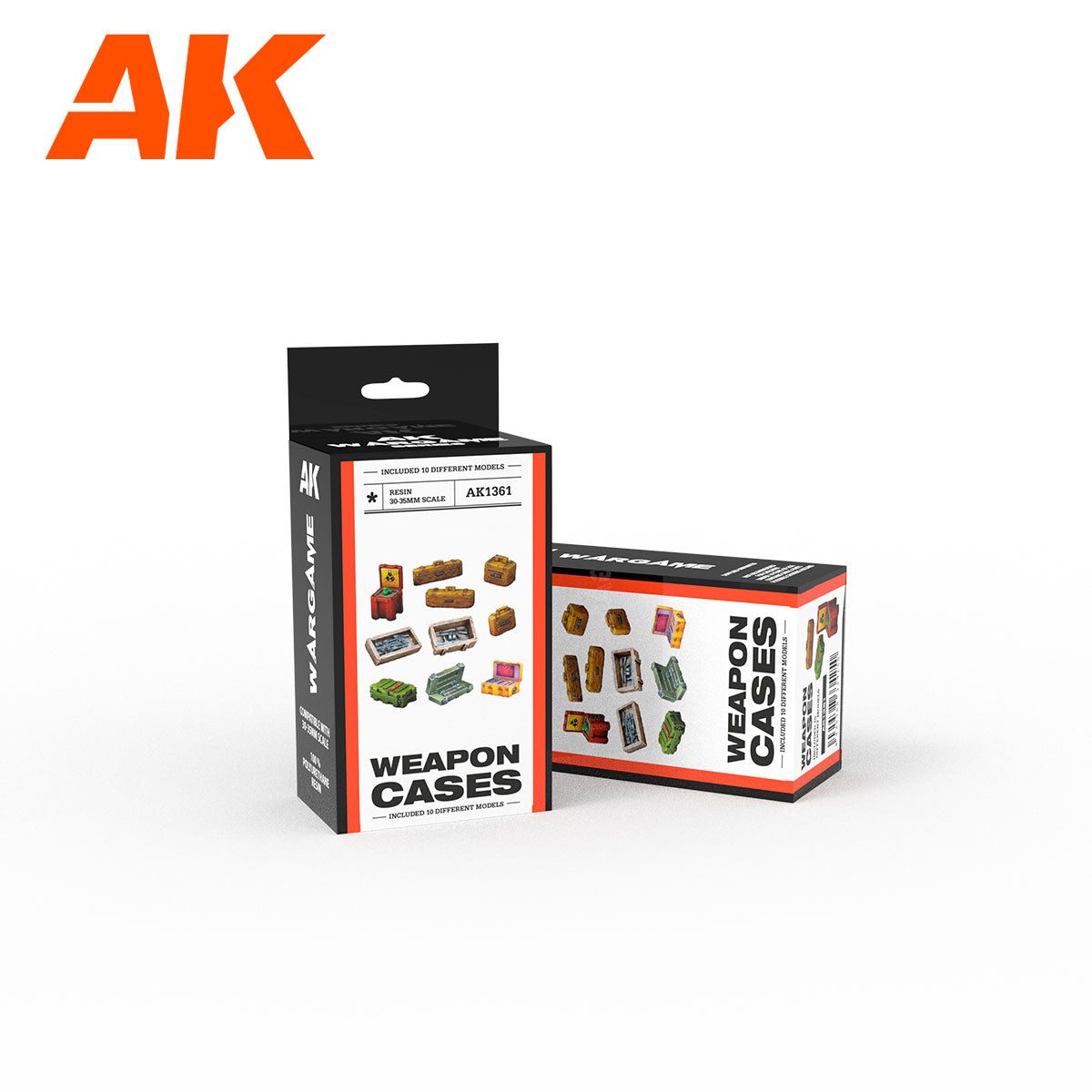 Two AK "Weapon Cases" boxes for wargame miniatures, displaying various resin crates and open cases
