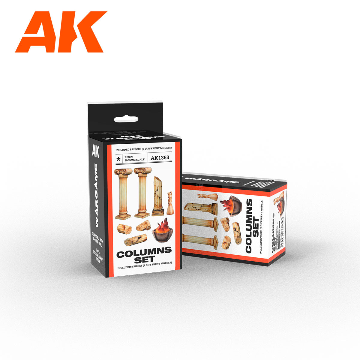 Two "Columns Set" wargame terrain boxes by AK Interactive, displaying miniature Roman-style columns, broken pieces, and a fire pit