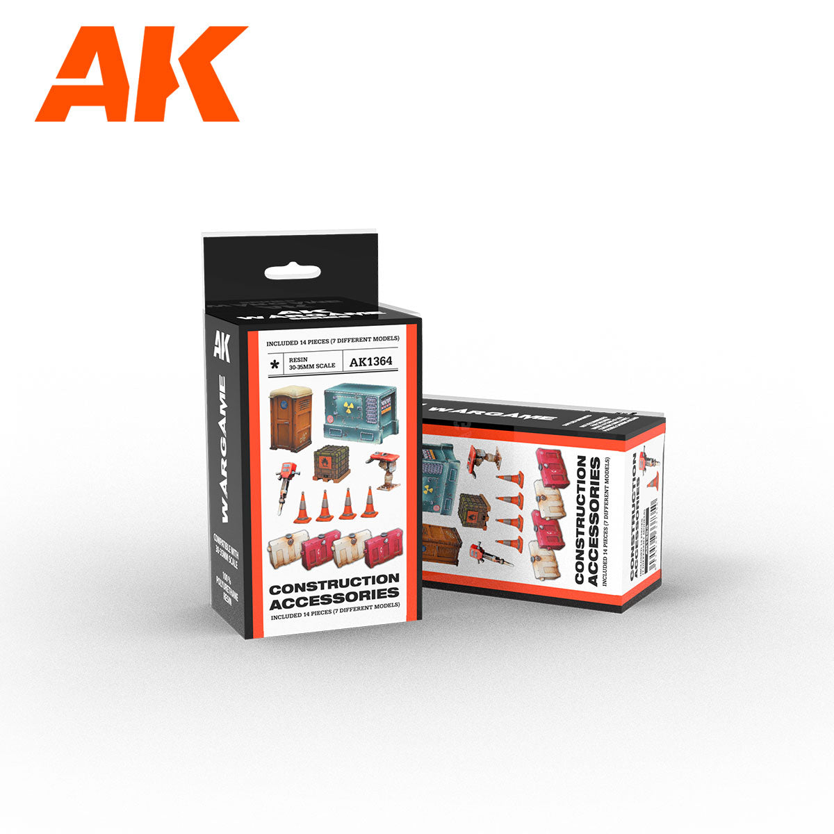 AK Interactive Wargame Construction Accessories box displaying miniatures: porta-potty, radioactive bin, jackhammer, cones, and toolboxes