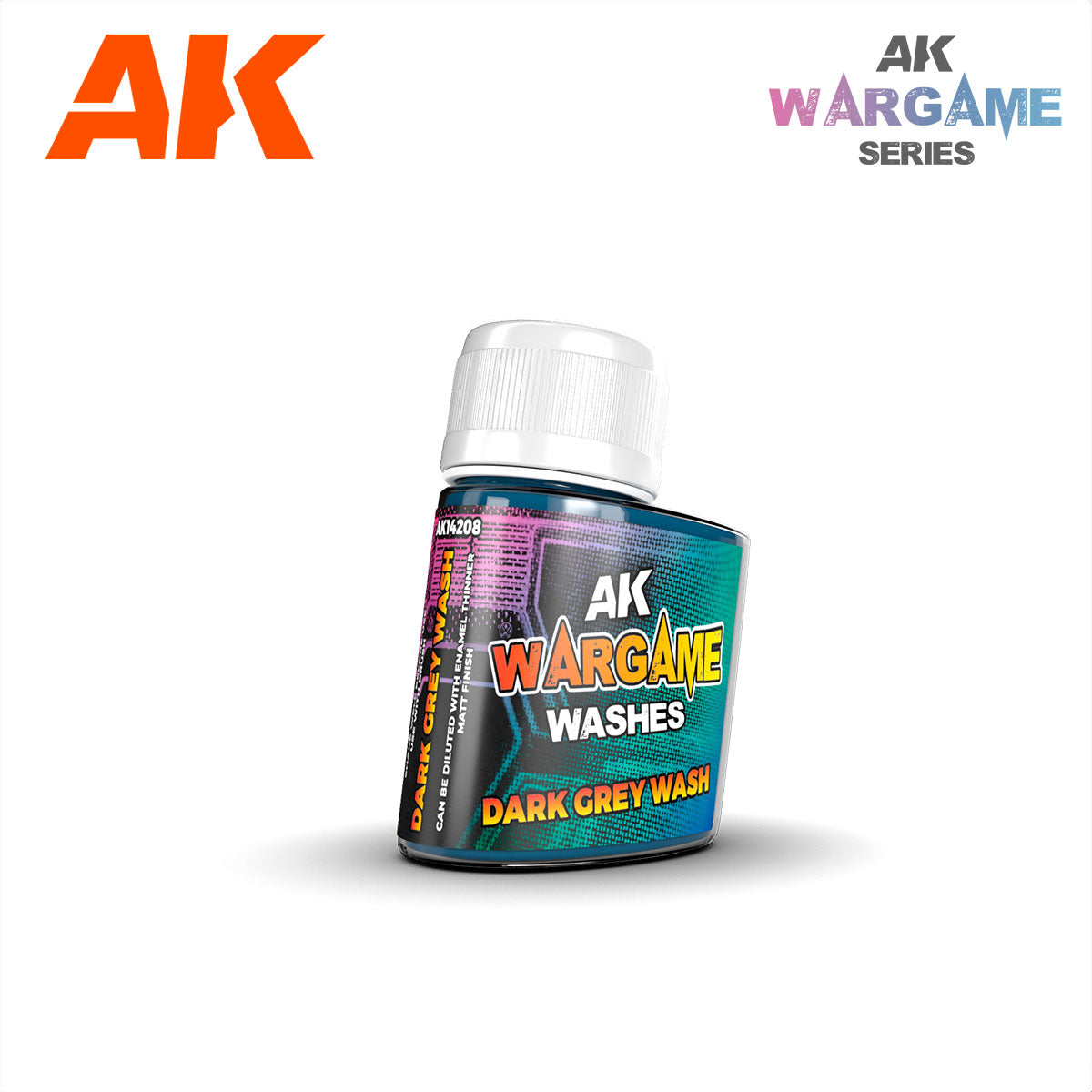 Dark blue AK Wargame Washes Dark Grey Wash bottle with a white cap, on a white background