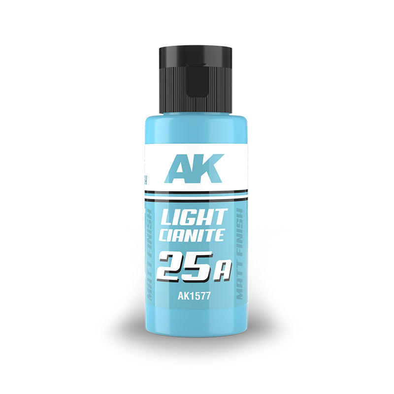 A light blue AK model paint bottle, labeled 'LIGHT CIANITE 25A' and 'MATT FINISH', with a black cap
