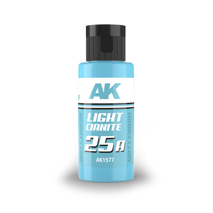 A light blue AK model paint bottle, labeled 'LIGHT CIANITE 25A' and 'MATT FINISH', with a black cap