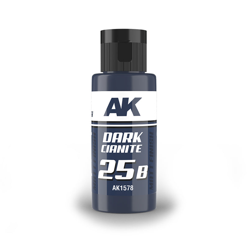 A dark blue AK paint bottle labeled "DARK CIANITE 25B" with "MATT FINISH" and product code "AK1578"