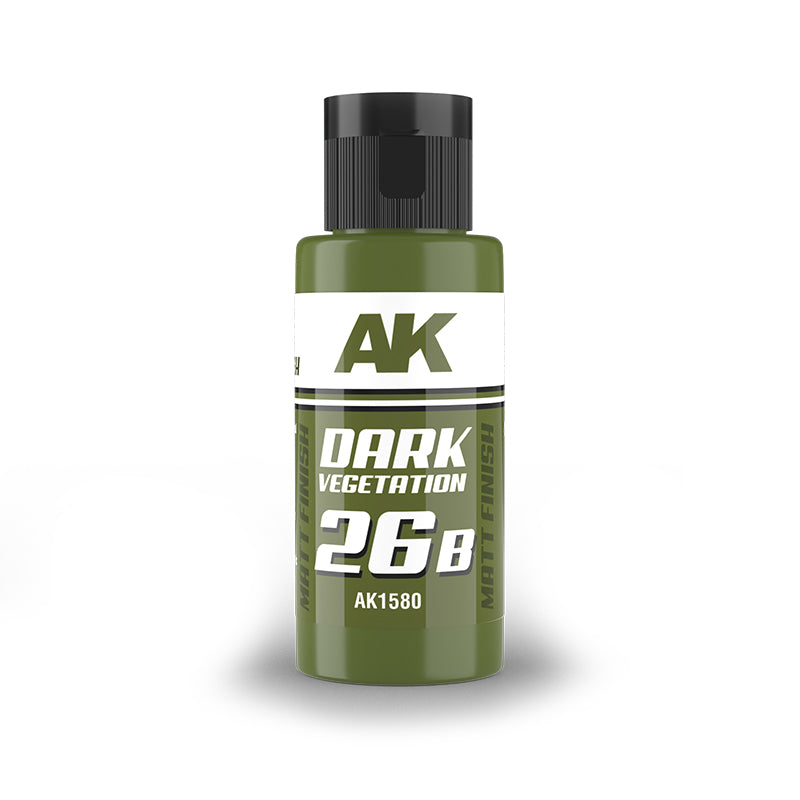 A dark green AK Interactive 'Dark Vegetation' model paint bottle with a black cap, matt finish