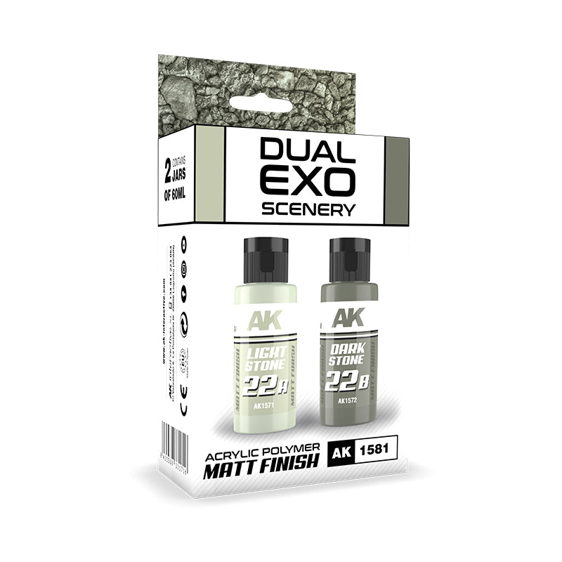 AK Interactive Dual Exo Scenery set containing two 60ml bottles of acrylic polymer matt finish one Light Stone 22A and one Dark Stone 22B for diorama modeling and miniature terrain creation